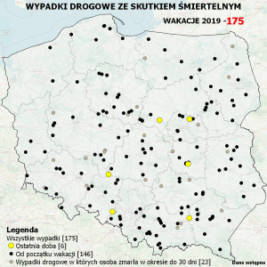 Mapa Polski z naniesionymi miejscami, w których w ciągu ostatnich 24 godzin doszło do wypadku śmiertelnego