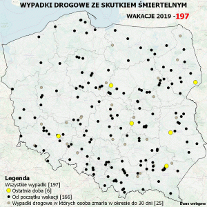 Mapa Polski z naniesionymi miejscami, w których doszło do wypadku ze skutkiem śmiertelnym