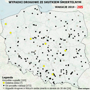 Mapa Polski z naniesionymi miejscami, w których doszło do śmiertelnego wypadku