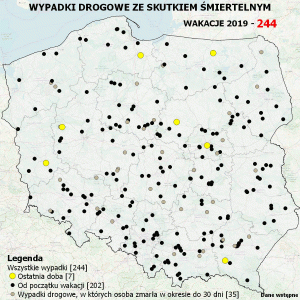 Mapa Polski z naniesionymi punktami, w których doszło do wypadku śmiertelnego