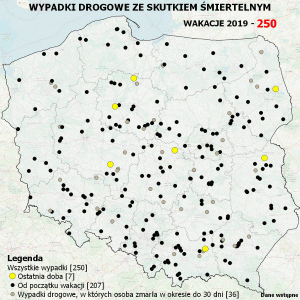 Mapa Polski z naniesionymi miejscami, w których doszło do wyp0adków ze skutkiem śmiertelnym