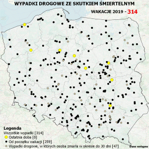 Mapa Polski z naniesionymi miejscami, w których doszło do śmiertelnego wypadku