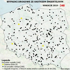 Mapa Polski z naniesionymi miejscami, w których doszło do wypadku śmiertelnego
