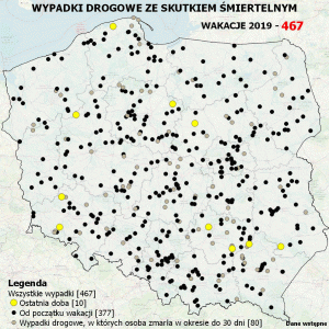 Mapa Polski z naniesionymi miejscami, w których doszło do wypadków ze skutkiem śmiertelnym