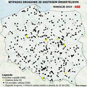Mapa Polski z naniesionymi miejscami, w których doszło do wypadków śmiertelnych