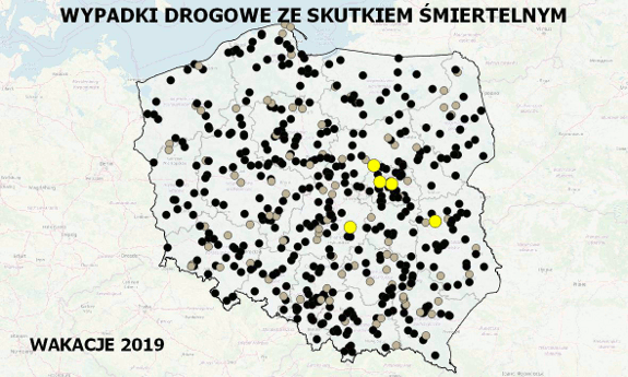Mapa Polski z naniesionymi miejscami, w których doszło do wypadków drogowych ze skutkiem śmiertelnym