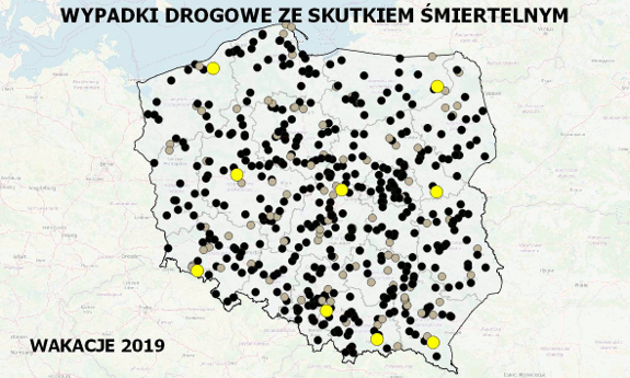 Mapa Polskim z naniesionymi miejscami, w których doszło do wypadku śmiertelnego