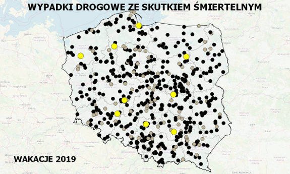 Mapa Polski z naniesionymi miejscami, w których doszło do śmiertelnych wypadków